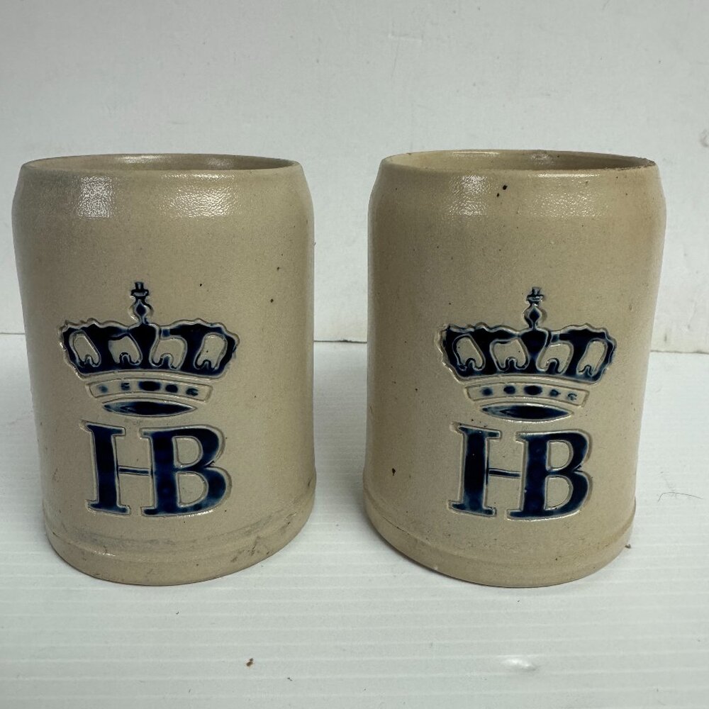 Vintage HB Hofbrauhaus Beer Stein Mug Blue Logo .5 L Stoneware W. Germany -1202